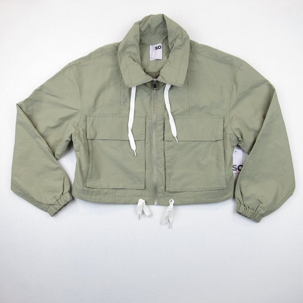 SO Juniors Size M Utility Cropped Windbreaker Jacket Zip Oversized Olive